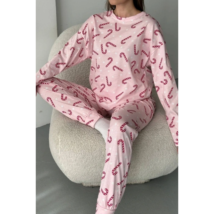 Kadın Şeker Desenli Alt Üst Pijama Takımı-Pembe