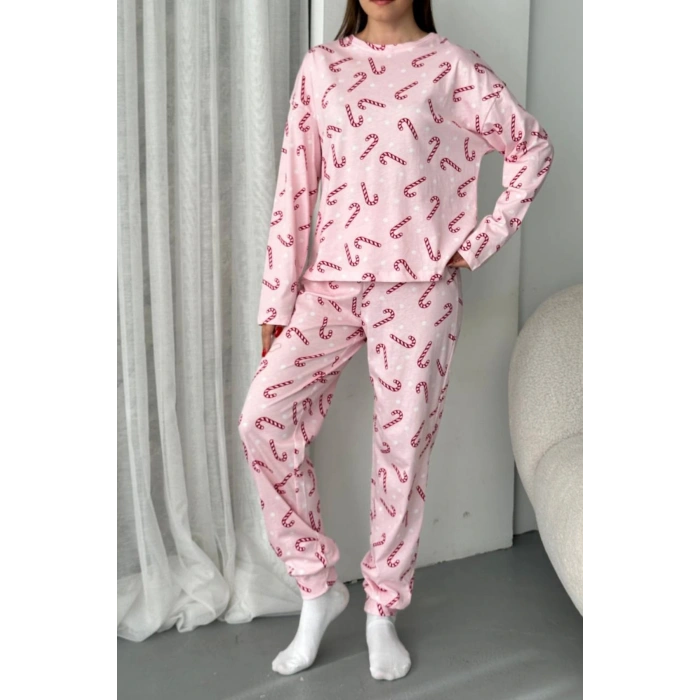 Kadın Şeker Desenli Alt Üst Pijama Takımı-Pembe