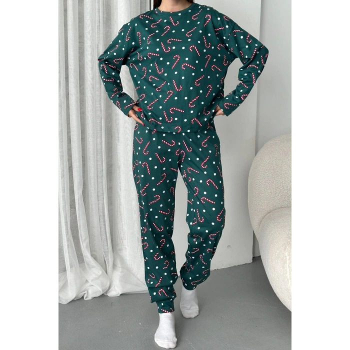 Kadın Şeker Desenli Alt Üst Pijama Takımı-Yeşil