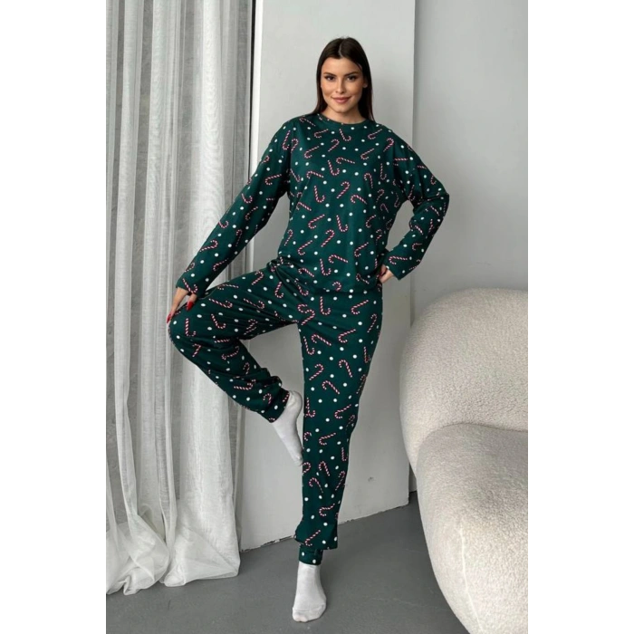 Kadın Şeker Desenli Alt Üst Pijama Takımı-Yeşil