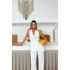 Kadın Beyaz Degaje Yaka Sırt Dekolteli Bluz Pantolon Takım