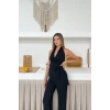 Kadın Siyah Degaje Yaka Sırt Dekolteli Bluz Pantolon Takım
