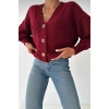 Kadın Bordo V Yaka Düğmeli Saç Örgü Triko Hırka