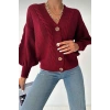 Kadın Bordo V Yaka Düğmeli Saç Örgü Triko Hırka