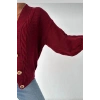 Kadın Bordo V Yaka Düğmeli Saç Örgü Triko Hırka