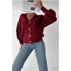 Kadın Bordo V Yaka Düğmeli Saç Örgü Triko Hırka