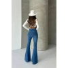 Kadın Mavi Yüksek Bel İspanyol Paça Günlük Pantolon