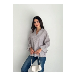 Çizgi Desenli Kolu Bağlamalı Bluz Gömlek