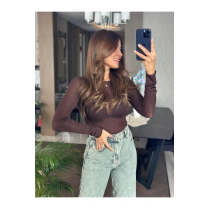 Kahverengi Transparan Geniş Yakalı Uzun Kol Kadın Bluz