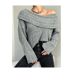 Omuz Açık Katlamalı Madonna Yaka Fitilli Görünümlü Uzun Kollu Esnek Şık Triko Kazak