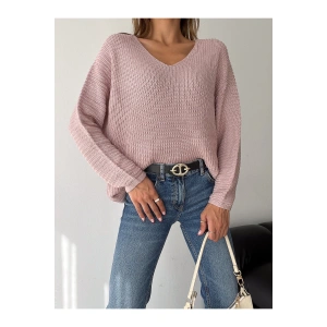 V Yaka Detaylı Modern ve Sade Örgü Kazak Modeli