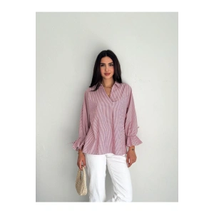 Çizgi Desenli Kolu Bağlamalı Bluz Gömlek