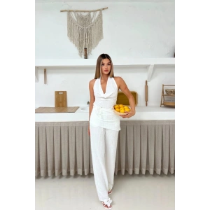 Kadın Beyaz Degaje Yaka Sırt Dekolteli Bluz Pantolon Takım