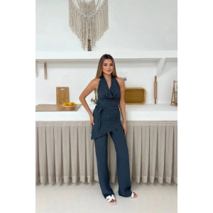 Kadın Antrasit Degaje Yaka Sırt Dekolteli Bluz Pantolon Takım