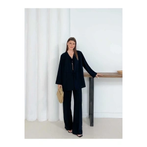Kadın Siyah Aerobin Kumaş Pantolon Ve Kimona İkili Takım
