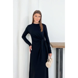 Kadın Siyah Modal Kumaş Yandan Bağlama Detaylı Uzun Elbise