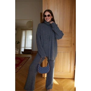 Füme Atkılı Saç Örgülü Triko Pantolon Takım