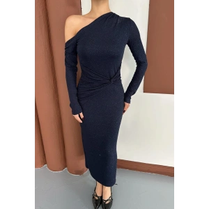 Sim Detaylı Düşük Omuz Lacivert Elbise
