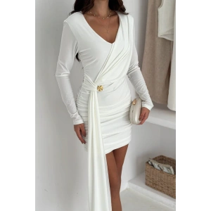 Kadın Beyaz Sandy Drapeli Gold Toka Detaylı Mini Elbise