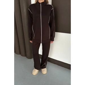 Kadın Kahverengi Ara Biyeli Uzun Eşofman Takımı