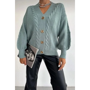 Kadın Mint V Yaka Düğmeli Saç Örgü Triko Hırka