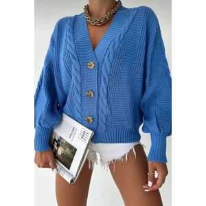 Kadın Lacivert V Yaka Düğmeli Saç Örgü Triko Hırka