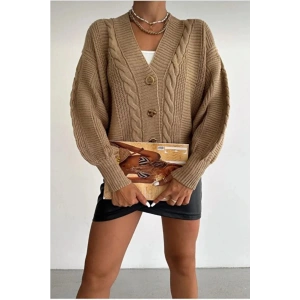 Kadın Vizon V Yaka Düğmeli Saç Örgü Triko Hırka