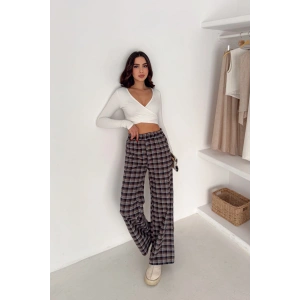 Kadın Ekose Yüksek Bel Palazzo Pantolon