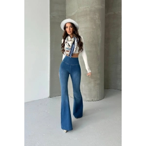 Kadın Mavi Yüksek Bel İspanyol Paça Günlük Pantolon