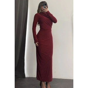 Taş Detaylı Uzun Kollu Elbise - Bordo