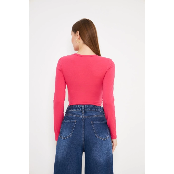 Kadın Elastanlı Crop Uzun Kol Tişört Fuşya