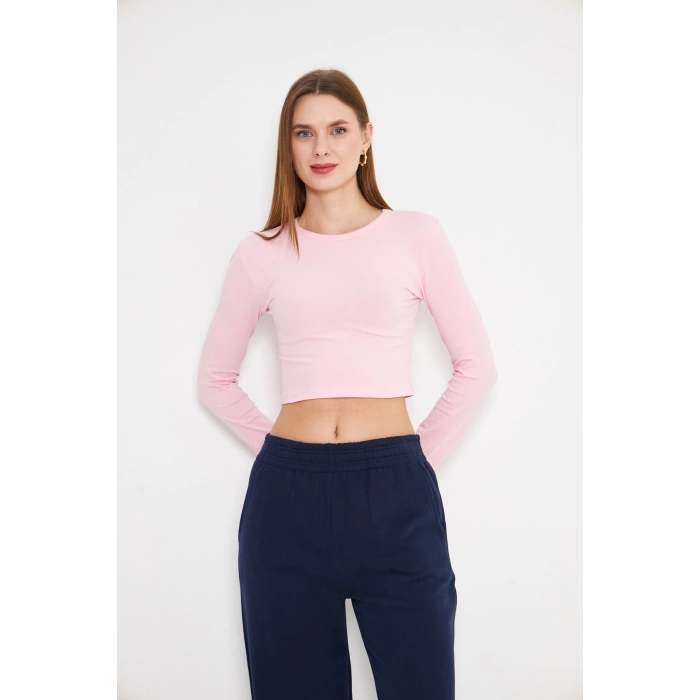 Kadın Elastanlı Crop Uzun Kol Tişört Pembe