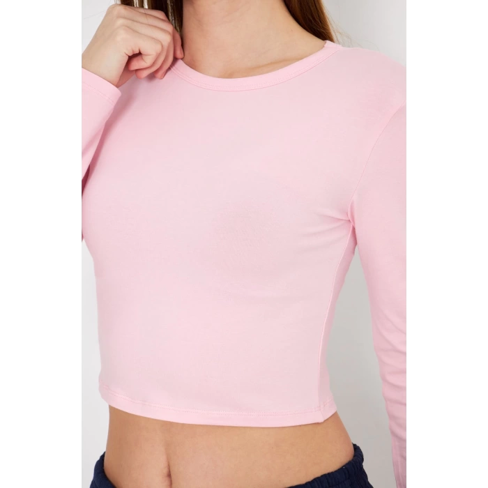 Kadın Elastanlı Crop Uzun Kol Tişört Pembe