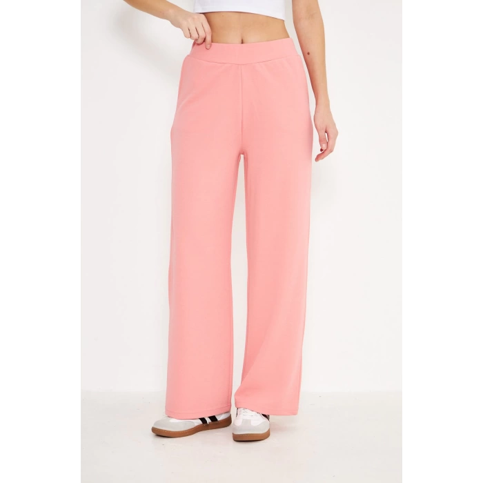 Orta Bel Elastik Düz Paça Kadın Pantolon Pembe