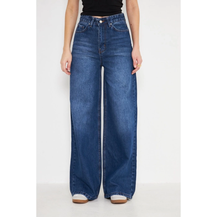 Orta Bel Baggy Model Geniş Paça Kadın Kot Pantolon Lacivert
