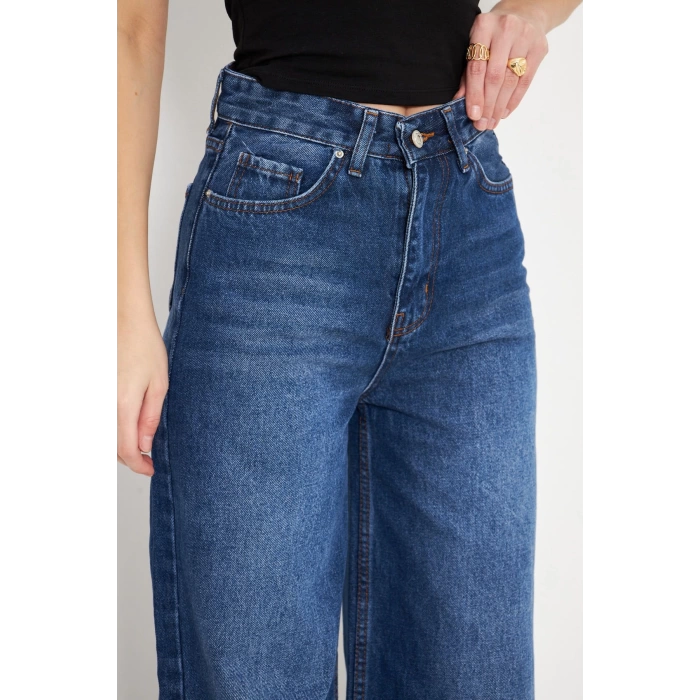Orta Bel Baggy Model Geniş Paça Kadın Kot Pantolon Lacivert