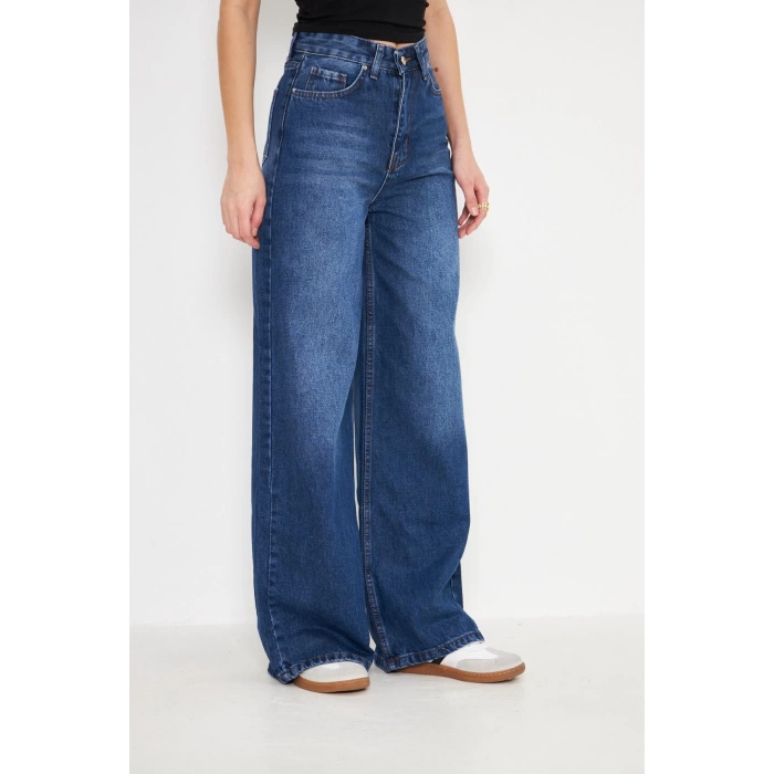 Orta Bel Baggy Model Geniş Paça Kadın Kot Pantolon Lacivert