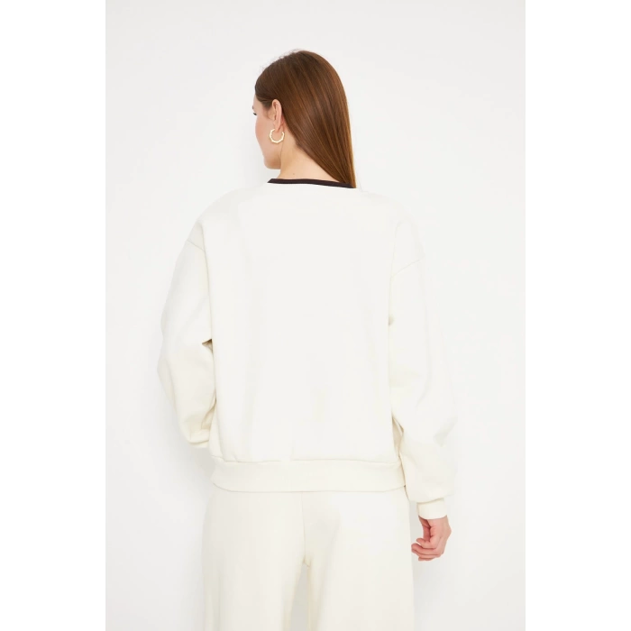 Kadın Bisiklet Yaka Sweatshirt Ekru