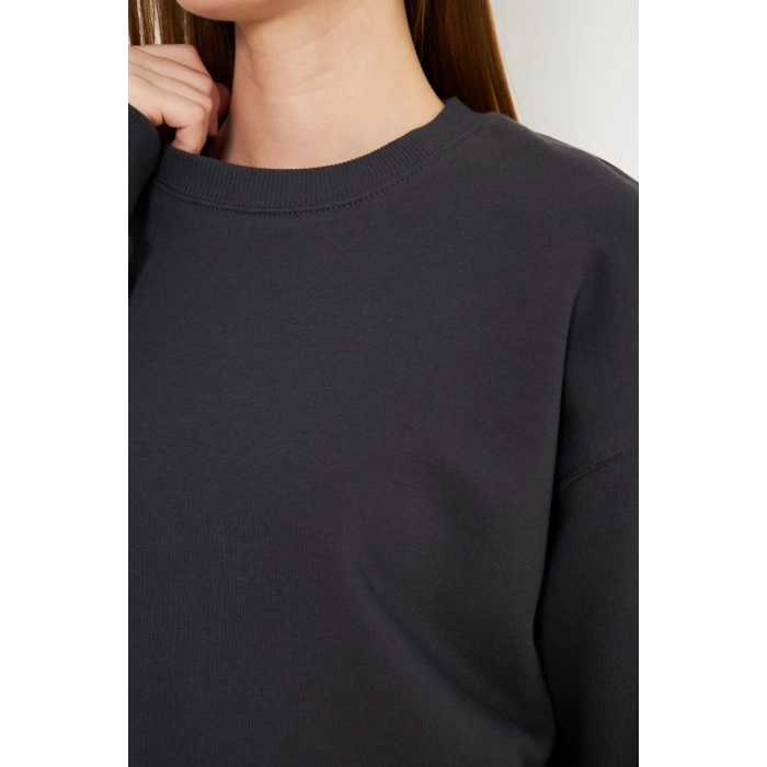 Kadın Bisiklet Yaka Sweatshirt Antrasit