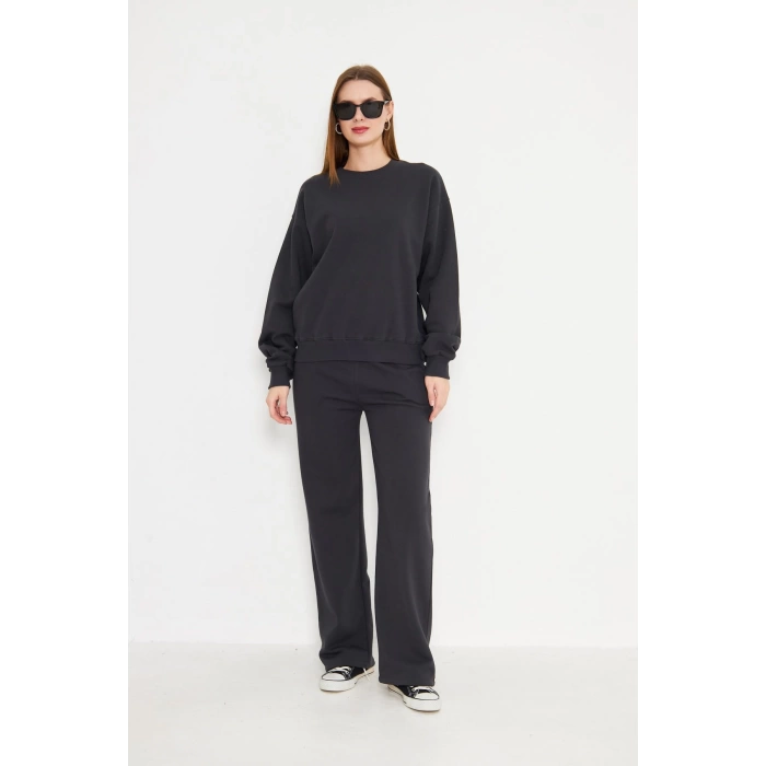 Kadın Bisiklet Yaka Sweatshirt Antrasit