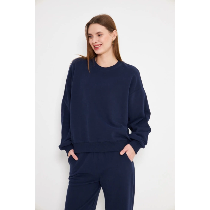 Kadın Bisiklet Yaka Sweatshirt Lacivert