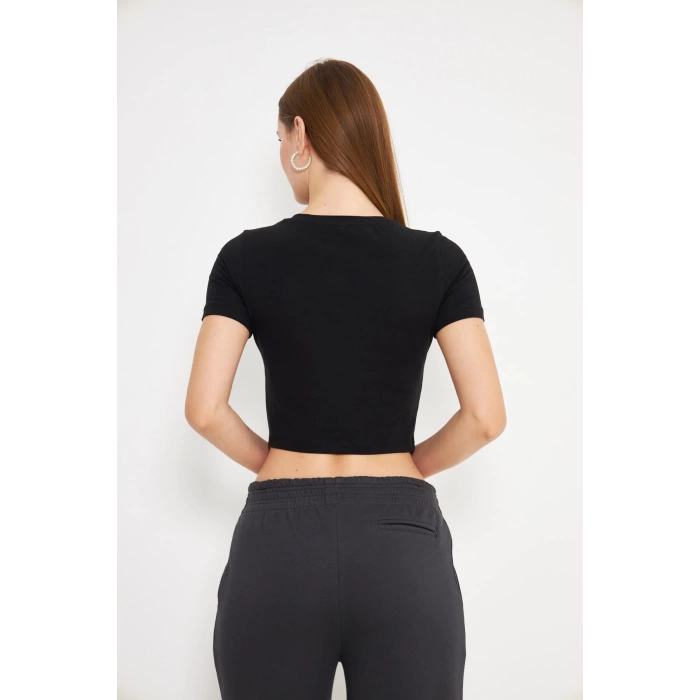 Kadın Elastanlı Crop Kısa Kol Tişört Siyah