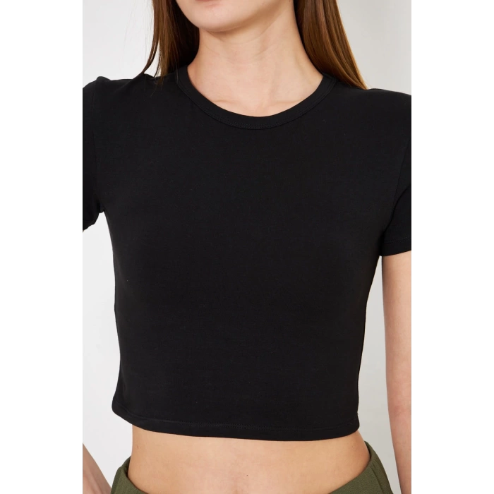 Elastanlı Crop Kısa Kol Tişört Siyah