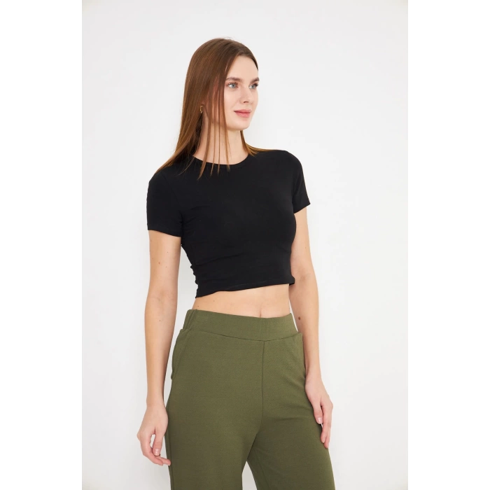 Elastanlı Crop Kısa Kol Tişört Siyah