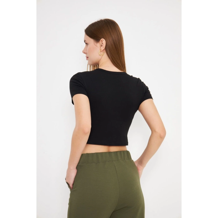 Elastanlı Crop Kısa Kol Tişört Siyah