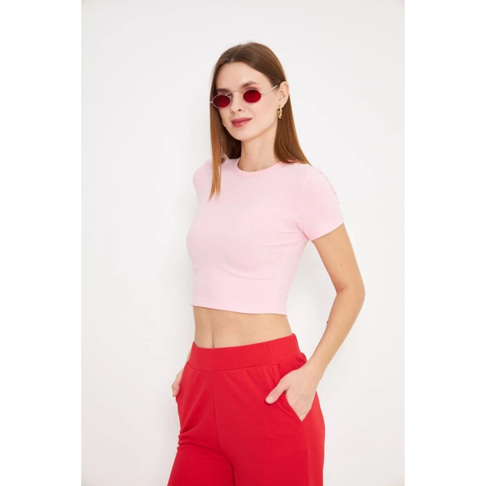 Elastanlı Crop Kısa Kol Tişört Pembe