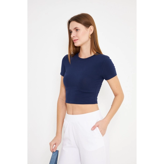 Elastanlı Crop Kısa Kol Tişört Lacivert