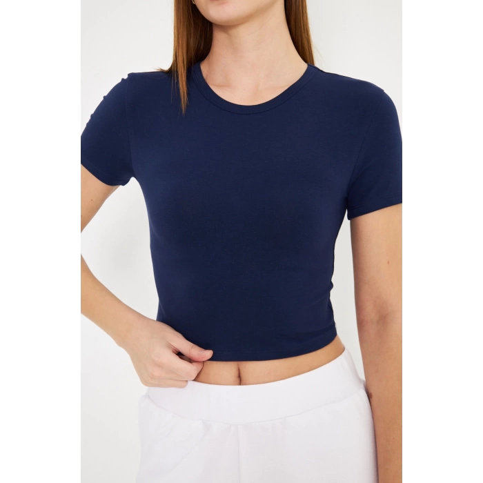 Elastanlı Crop Kısa Kol Tişört Lacivert