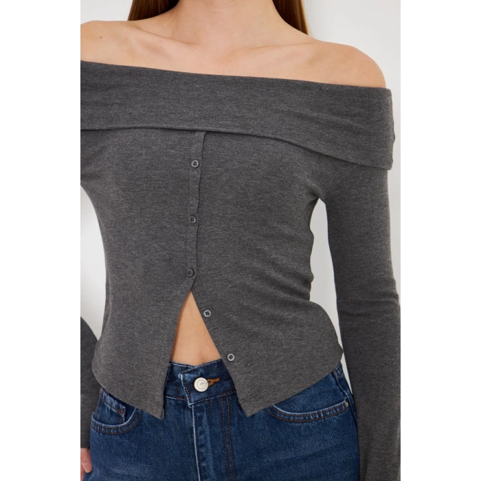 Kayık Yaka Uzun Kollu Kadın Omuzu Açık Sweatshirt Gri Melanj Antrasit