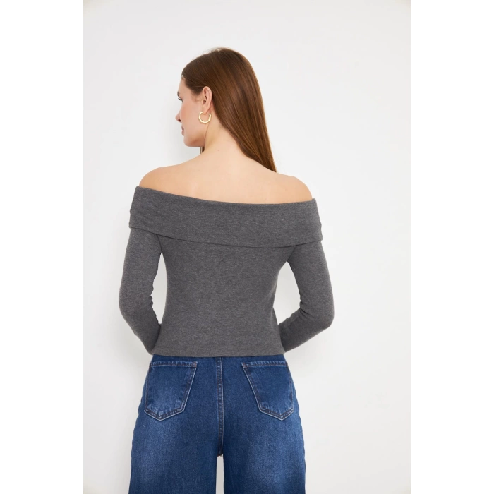 Kayık Yaka Uzun Kollu Kadın Omuzu Açık Sweatshirt Gri Melanj Antrasit